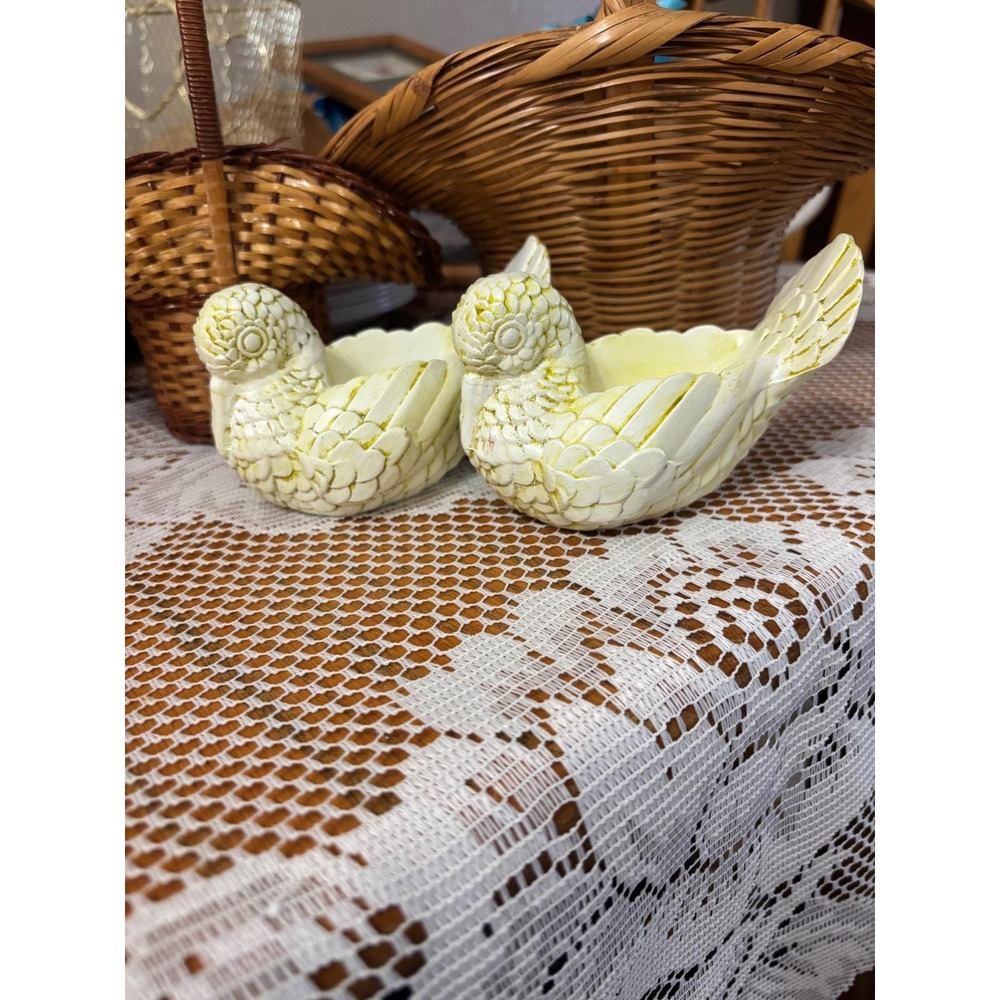 Vintage Ceramic Bird Tea Light Candle Holders Pair Cream Yellow Trinket Dish